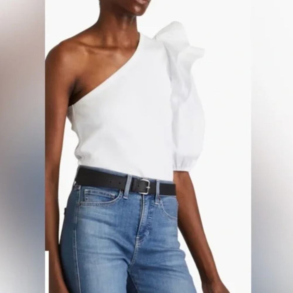 NWT Veronica Beard Diantha One-Shoulder Ruffled Poplin/Rib Knit Top, size L